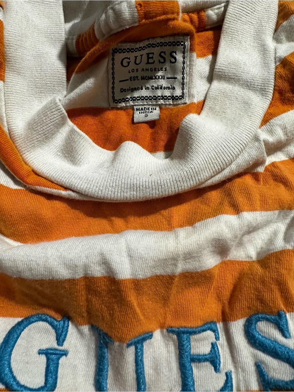GUESS Orange & White Striped Logo Tee with Blue Chest Script - Picture 6 of 7